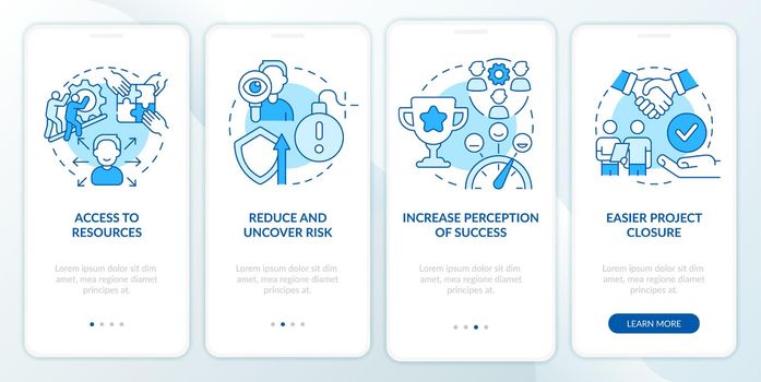 Benefits of stakeholder management blue onboarding mobile app screen