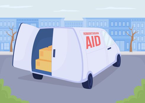 Delivering humanitarian aid to Ukraine flat color vector illustration