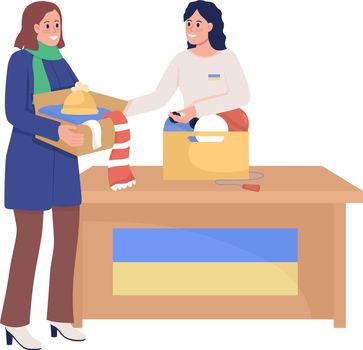 Woman donating clothing to Ukraine semi flat color vector characters