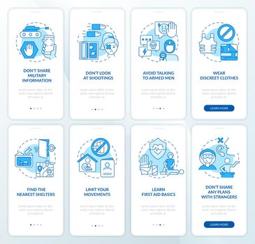 Actions during military conflict blue onboarding mobile app screen set