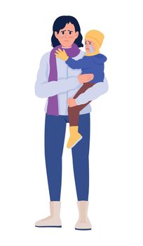 Female war victim holding weeping son semi flat color vector characters