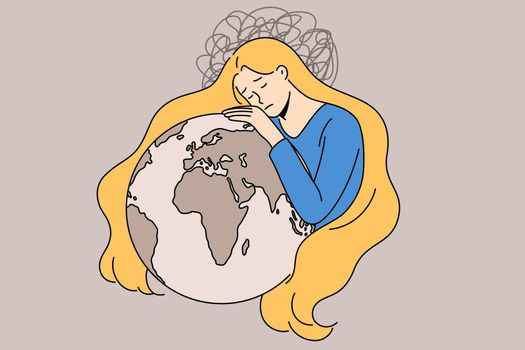 Sad Ukrainian woman hug planet earth