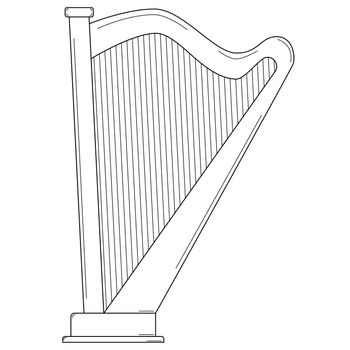 Hand drawn harp. Stringed plucked musical instrument. Doodle style. Vector