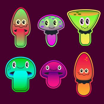 Neon cartoon psychedelic hippy stickers with mushrooms and eyes. Hallucination elements. Groovy vector set EPS