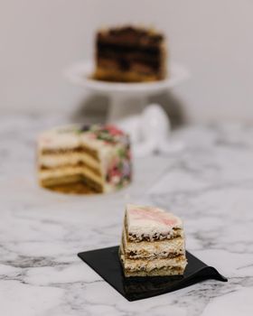 Slice of tiramisu bento cake. Presentation of cake in section. Sweet dessert for one person. Little birthday cake. Background of others bento cake