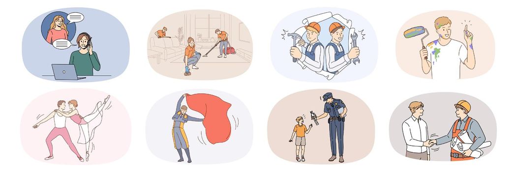 Set of male and female workers with occupations. Collection of diverse people and professions or jobs. Call canter agent, housekeeper and mechanic. Dancer, policeman, engineer. Vector illustration.