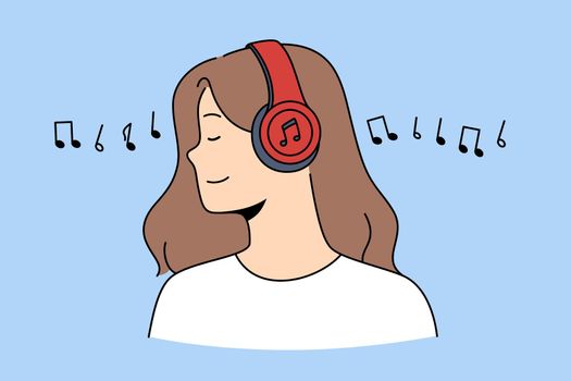 Happy woman listen to music in wireless earphones