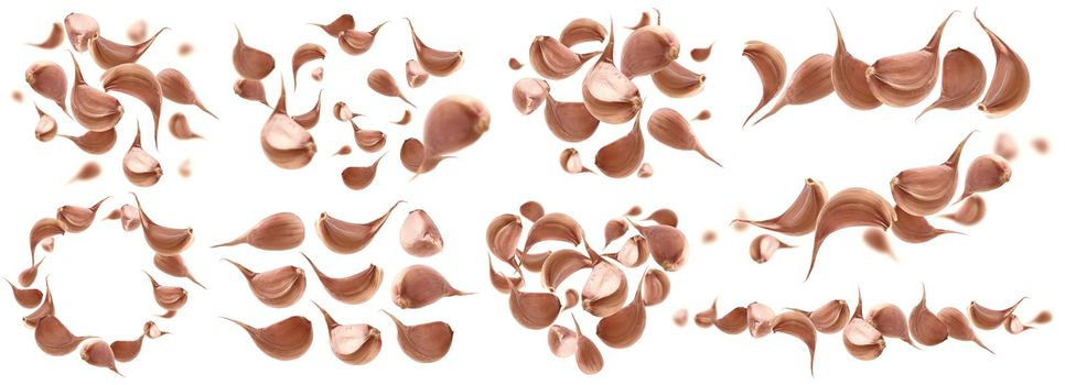 A set of photos. Garlic cloves levitate on a white background