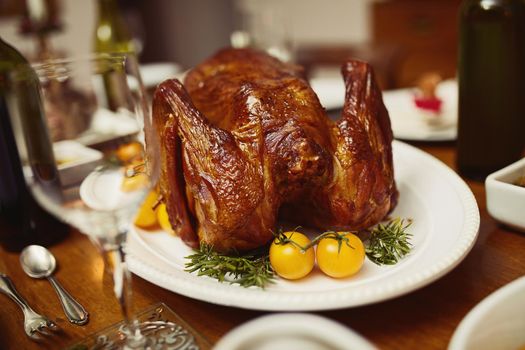 Tastes like Christmas. Closeup shot of a turkey on a dining table.