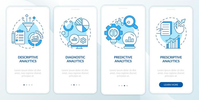 Types of business data analysis blue onboarding mobile app screen