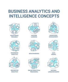 Business analytics and intelligence turquoise concept icons set
