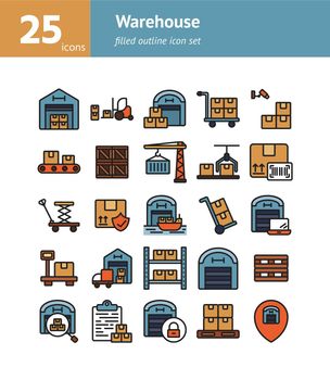 Warehouse filled outline icon set.