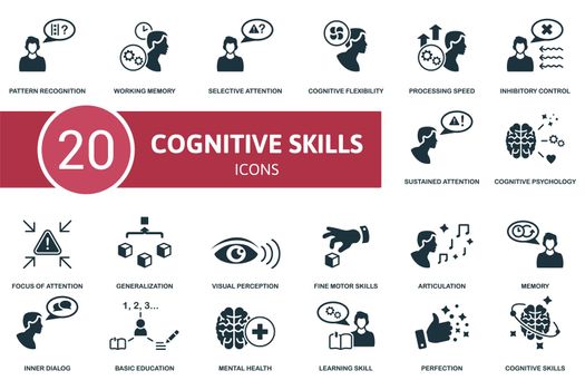 Cognitive Skills set icon. Contains cognitive skills illustrations such as working memory, cognitive flexibility, inhibitory control and more.