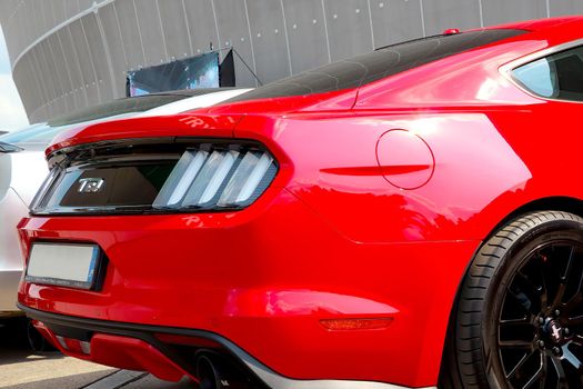 Wroclaw, Poland, August 15, 2021: modern red fast car Ford Mustang GT.