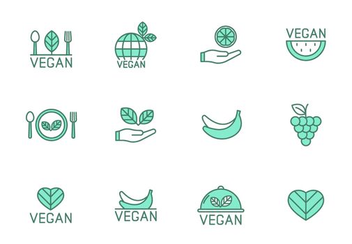 vegan linear vector icons in two colors isolated on white. vegan food green icon set for web design, ui, mobile apps and print