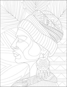 Vector line drawing stylized girl elaborate decorated hat earrings. Digital lineart image woman floral decorations background. Outline artwork design lady foliage patterned.
