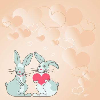 Two rabbits with heart shaped gifts with heartful background demonstrate couples exchanging offerings. Bunnies represent passionate lovers with lovely presents.