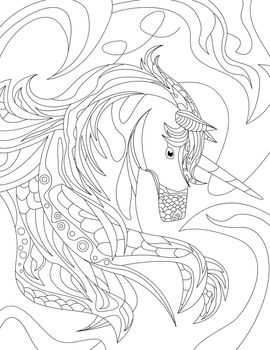 Abstract vector line drawing stylized unicorn decorated elaborate pattern mane. Digital lineart image horse leaves decorations fur. Outline artwork animal design.