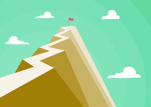 Mountain showing high road symbolizing reaching goals successfully. Tall hill presenting flag defining accomplishing creative projects plans achieving success.