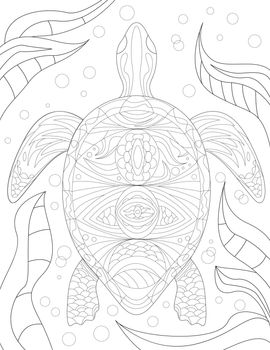 Vector line drawing stylized turtle swimming decorated with flowers. Digital lineart image elaborate floral patterned tortoise. Outline artwork design aquatic animals.