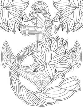 Vector line drawing anchor decorated flowers. Digital lineart image ship rope floral decoration. Outline artwork design boat equipment foliage adorned.
