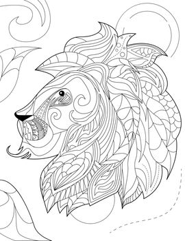 Abstract vector line drawing stylized lion foliage decorated pattern mane. Digital lineart image feline animal leaves decorations fur. Outline artwork wild cat design.