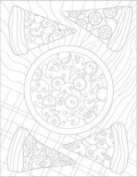Vector line drawing large pizza four slices sitting table. Digital lineart image tasty pie meal served patterned wooden counter. Outline artwork design dinner serving.
