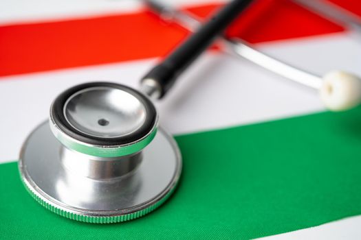 Black stethoscope on Hungary flag background, Business and finance concept.