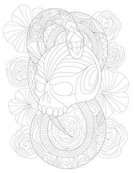 Vector line drawing tattoo snake wrapping skull decorated flower pattern background. Digital lineart image serpent twisting around bones floral decoration.
