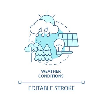Weather conditions turquoise concept icon. Net zero energy building weak spot abstract idea thin line illustration. Isolated outline drawing. Editable stroke. Arial, Myriad Pro-Bold fonts used