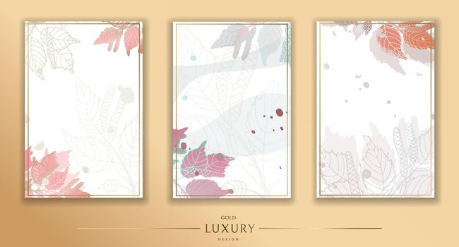 Backgrounds set. Luxurious golden wallpaper. White background and beige watercolor, beautiful golden birch leaves with a shiny light texture. Wall mural of contemporary art. Vector illustration.