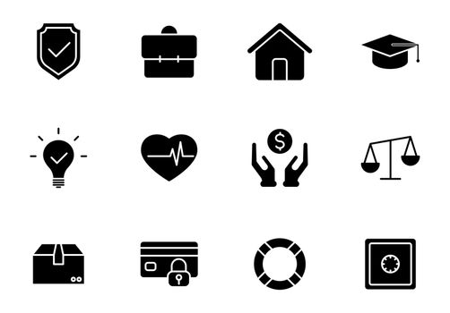 Insurance silhouette vector icons isolated on white. Insurance icon set for web, mobile apps, ui design and print