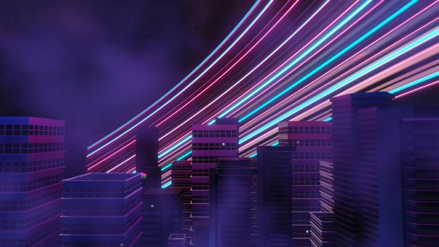 3d render of Cyber punk night city landscape concept. Light glowing on dark scene.  Night life. Technology network for 5g. Beyond generation and futuristic of Sci-Fi Capital city and building scene. 