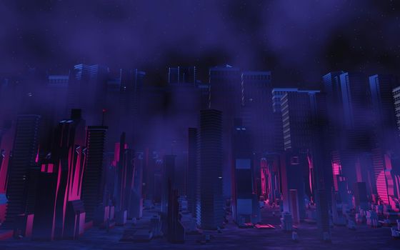 3d render of Cyber punk night city landscape concept. Light glowing on dark scene.  Night life. Technology network for 5g. Beyond generation and futuristic of Sci-Fi Capital city and building scene. 