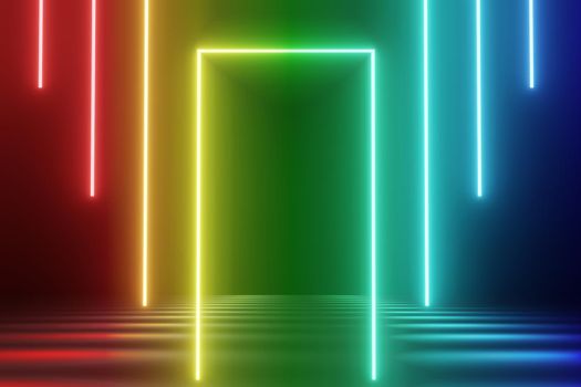 3d render of RGB neon light on darkness background. Abstract Laser lines show at night. Ultraviolet spectrum beam scene 
