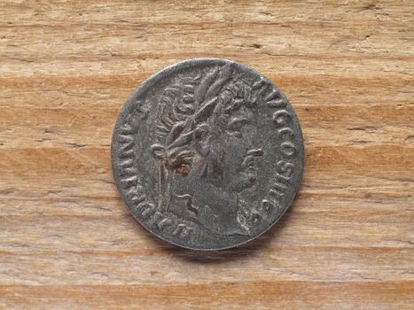 Ancient Roman denarius coin obverse showing emperor Hadrian circa 130 bC