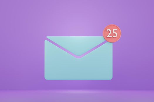 3d render minimal email notification icon with purple background. Unread postal envelope. 