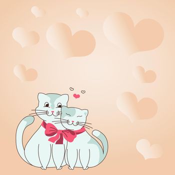 Two cats cuddling tied together with bow and hearts in the background display love and harmony among lovers. Heart symbols represent passionate couple with love goals.