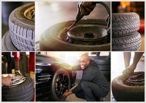 He knows his tires. Composite image of a mechanic working in a garage and closeups of tires.