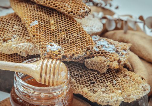 Close-up of Fresh honeycombs with Wooden honey dipper stick on honey glass jar. 