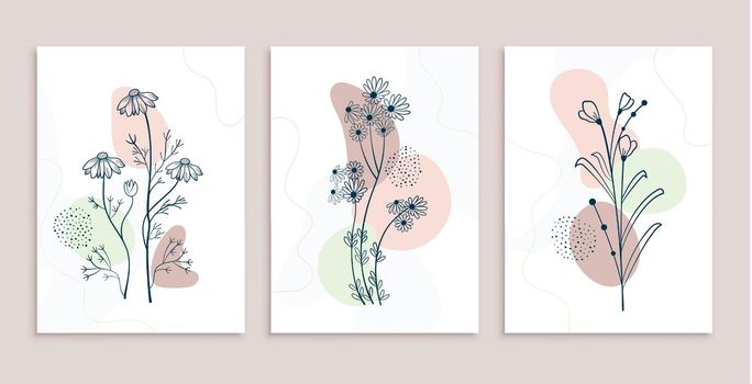 minimal line art flower and leaves poster design set