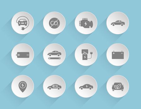 eco car vector icons on round puffy paper circles with transparent shadows on blue background. electric car stock vector icons for web, mobile and user interface design