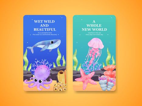 Instagram template with explore ocean world concept,watercolor style