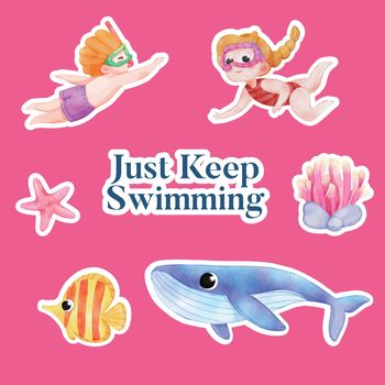 Sticker template with explore ocean world concept,watercolor style