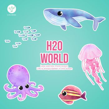 Sticker template with explore ocean world concept,watercolor style