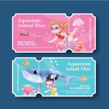 Ticket template with explore ocean world concept,watercolor style
