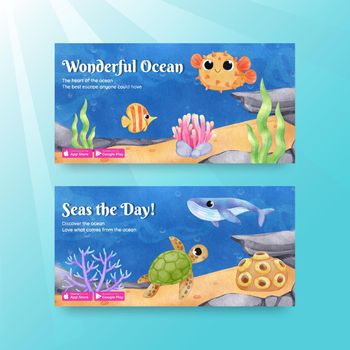 Twitter template with explore ocean world concept,watercolor style