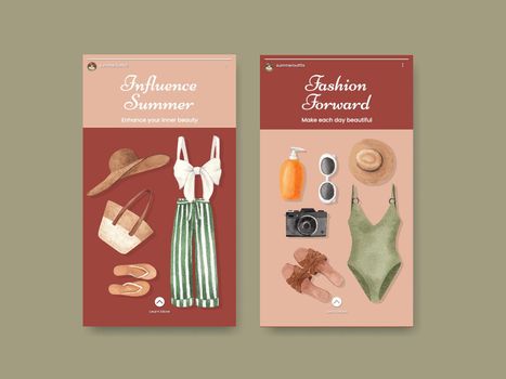 Instagram template with summer outfit fashion concept,watercolor style