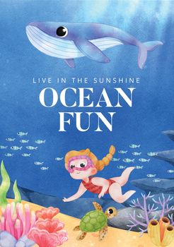 Poster template with explore ocean world concept,watercolor style