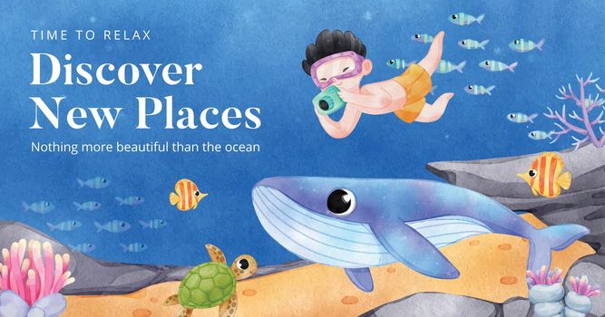 Facebook template with explore ocean world concept,watercolor style
